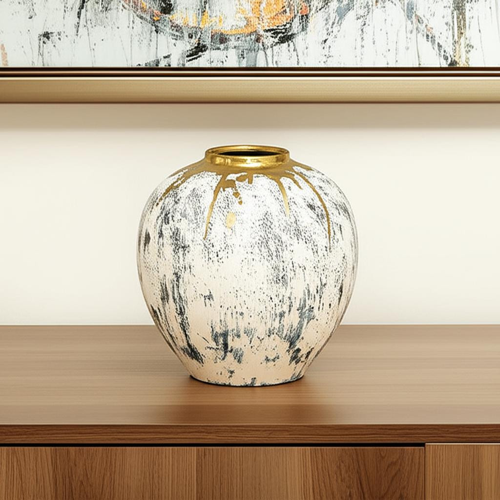 574217 12 in. Gray Ivory & Gold Modern Abstract Ceramic Table Vase