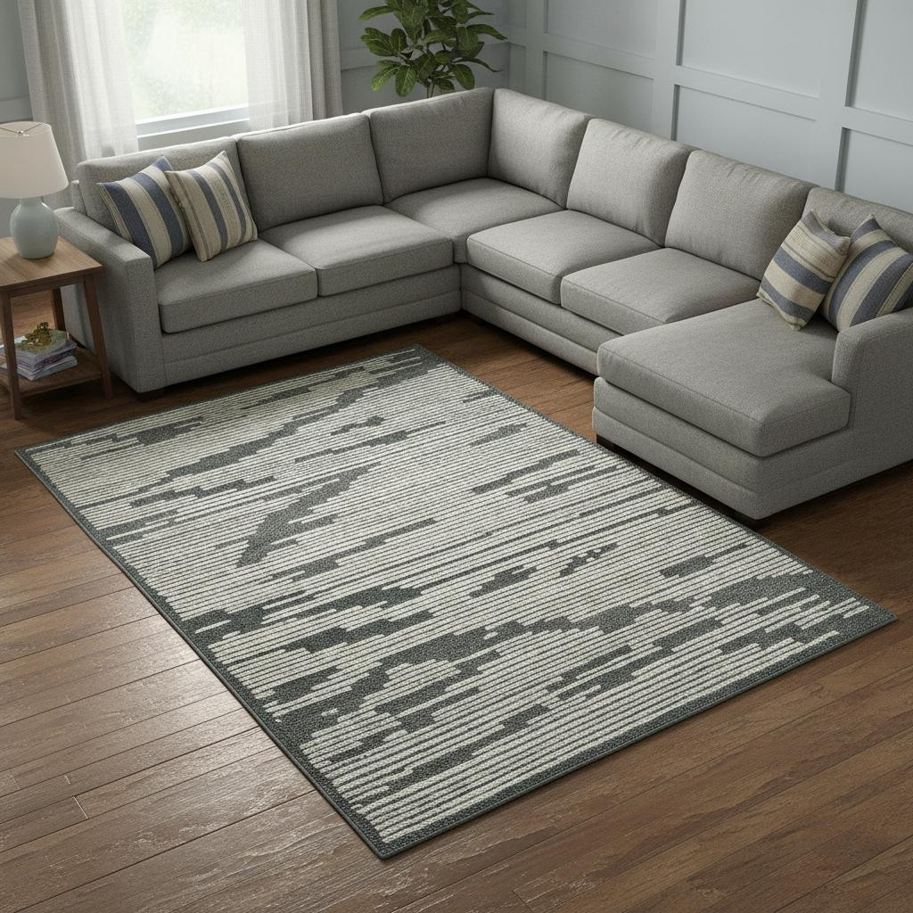 570386 9 x 13 ft. Dark Gray & Ivory Wool Geometric Hand Hooked Rectangle Area Rug