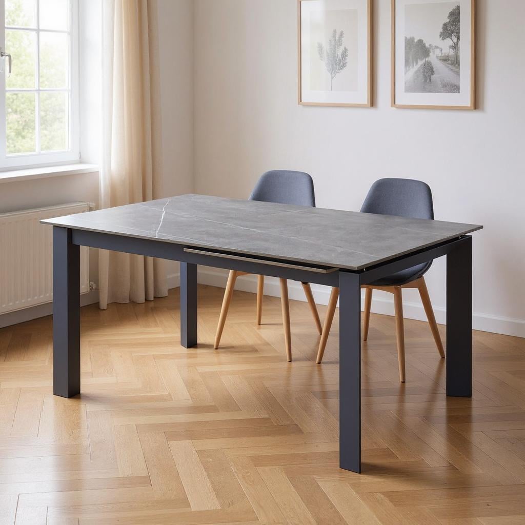 555196 29.5 x 55 x 35.5 in. Gray Ceramic & Metal Self-Storing Leaf Extendable Dining Table