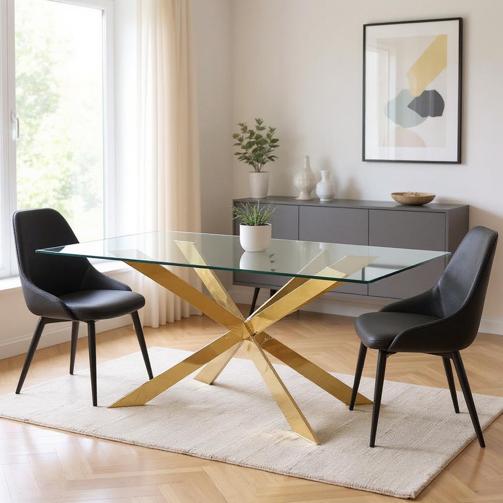 555140 30 x 72 x 42 in. Clear & Gold Glass & Metal Cross Leg Base Dining Table