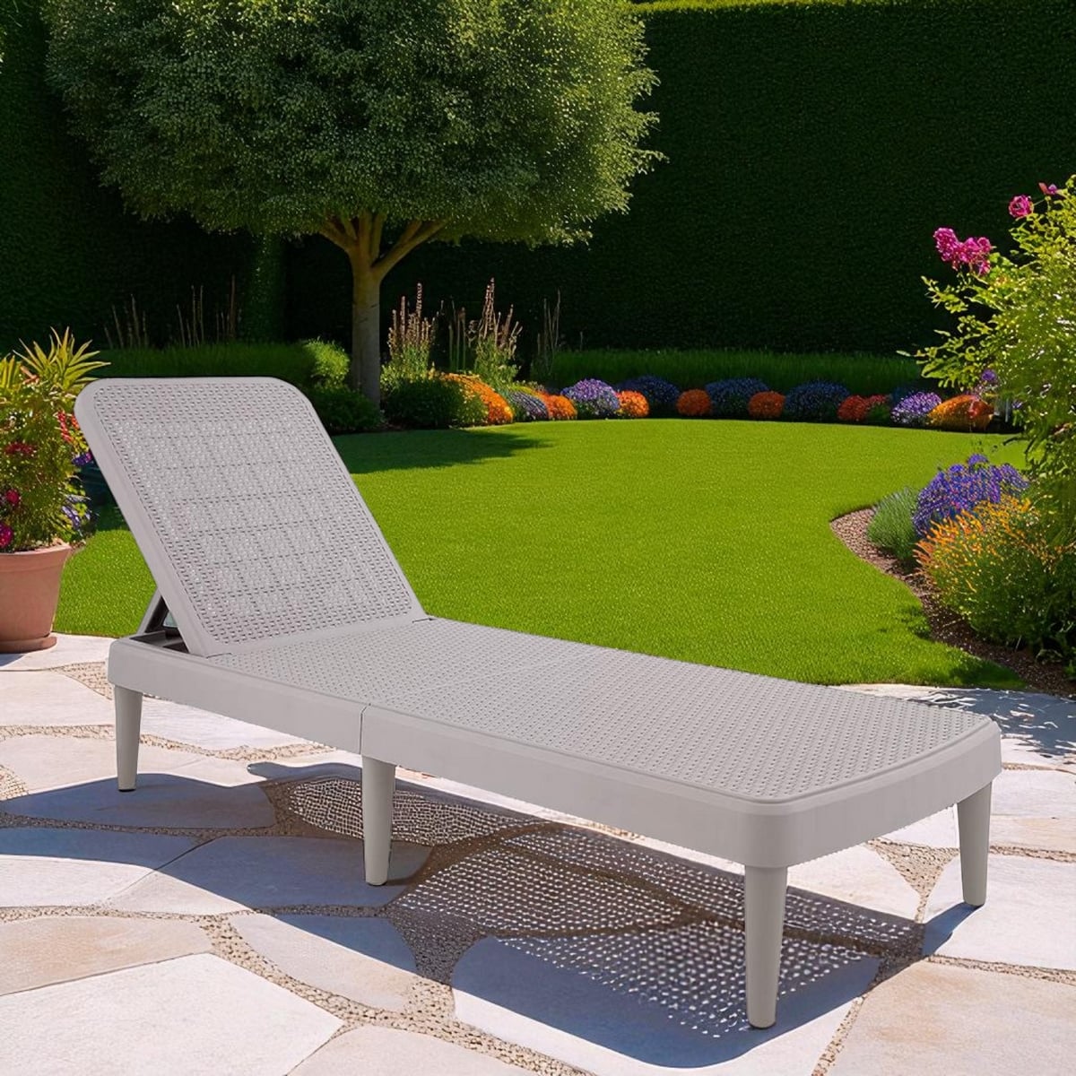 565258 75 in. Heavy Duty Plastic Outdoor Stacking Chaise Lounge, Taupe