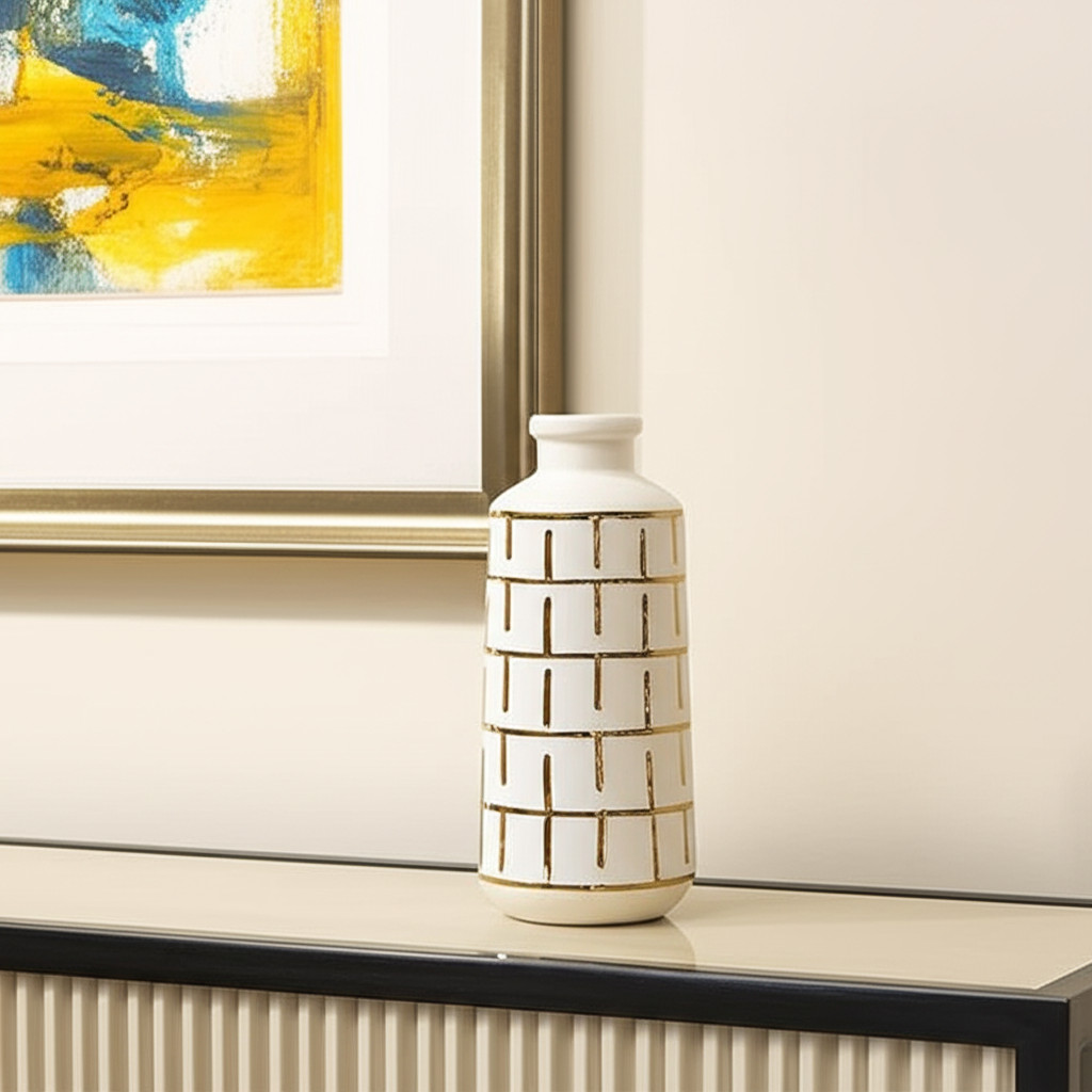 574209 12 in. Ivory & Gold Geometric Cylindrical Ceramic Table Vase