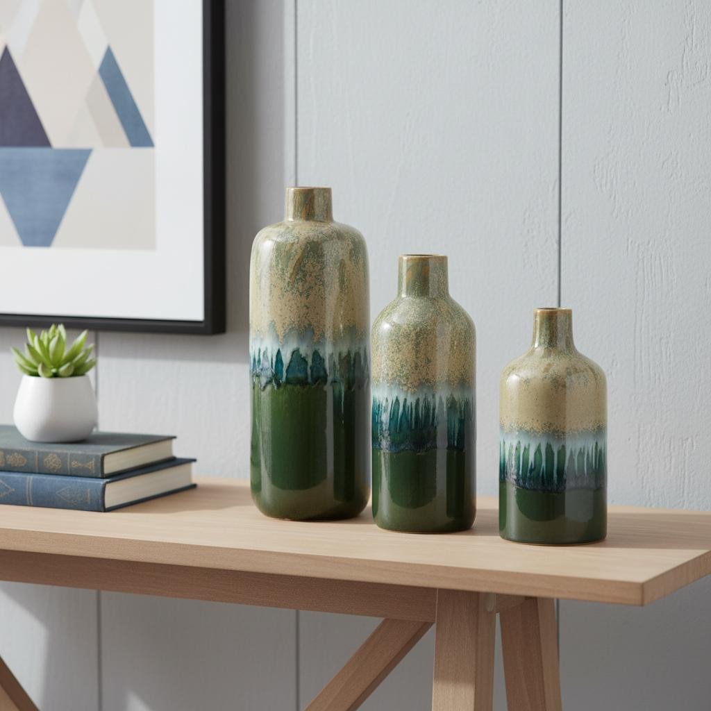 574205 Beige Blue & Green Round Ceramic Table Vase - Set of 3