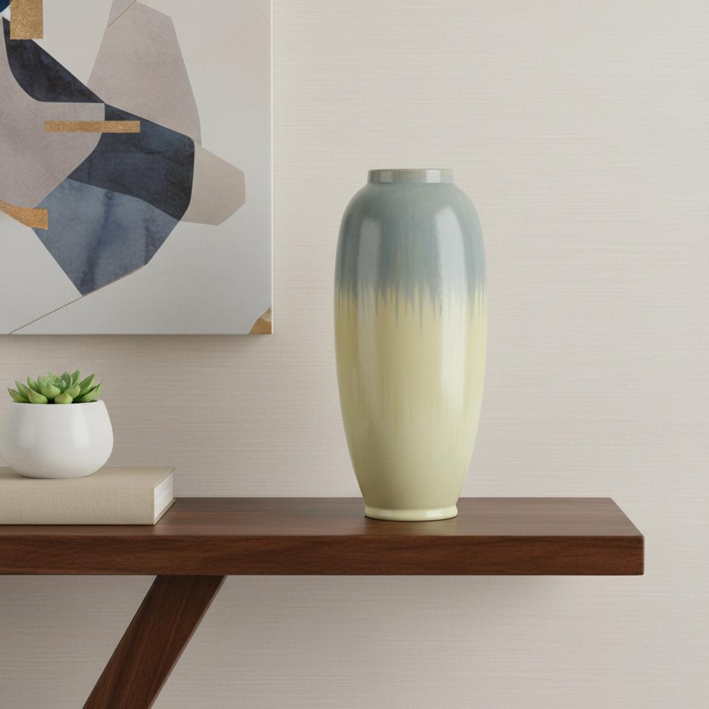 574206 16 in. Blue & Cream Reactive Glaze Ceramic Cylinder Table Vase