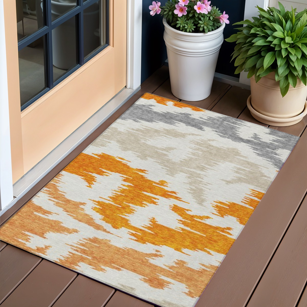 584578 3 x 5 ft. Orange, Beige & Ivory Abstract Washable Transitional Indoor & Outdoor Rectangle Area Rug
