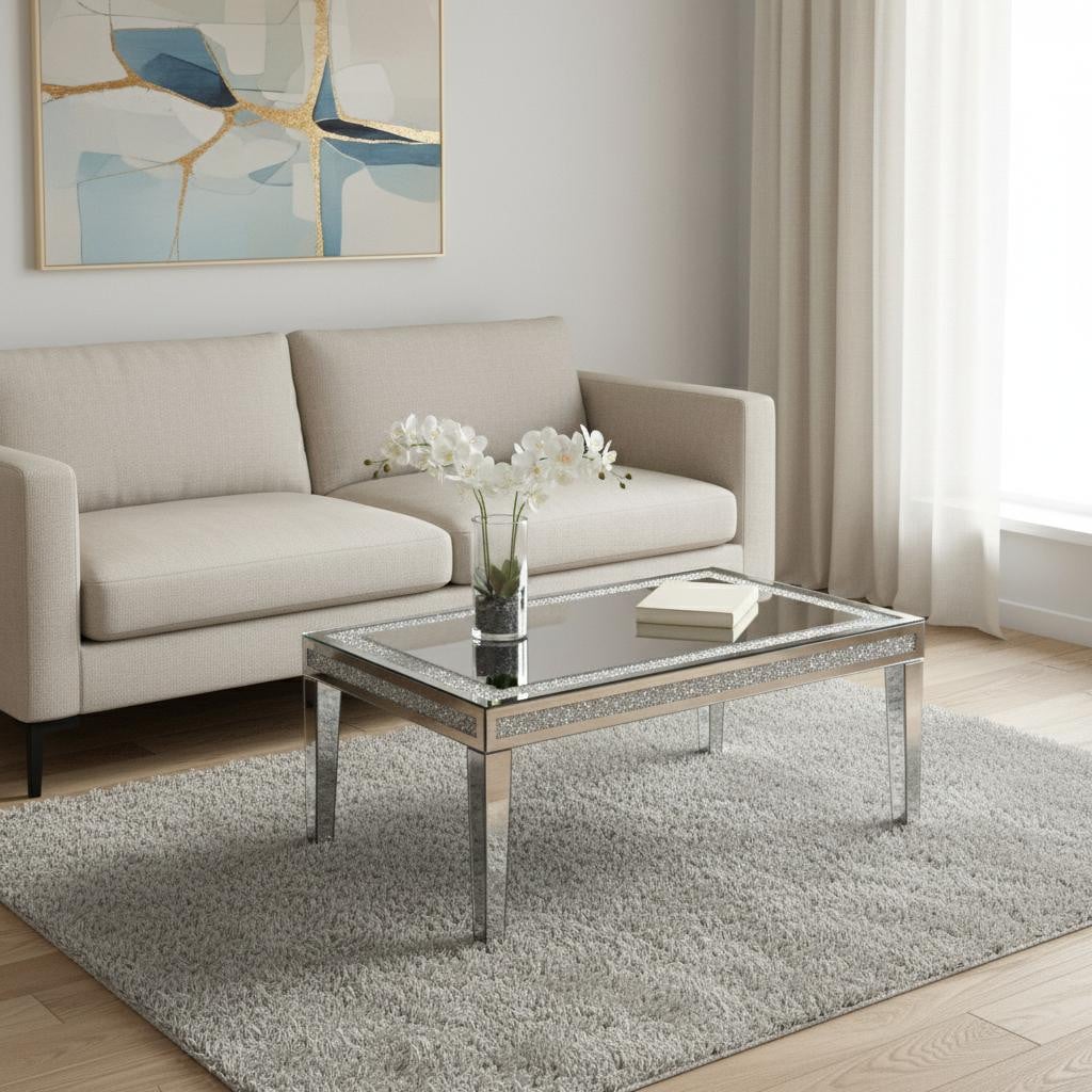 568900 36 in. Clear & Silver Mirrored Faux Crystal & Glass Coffee Table