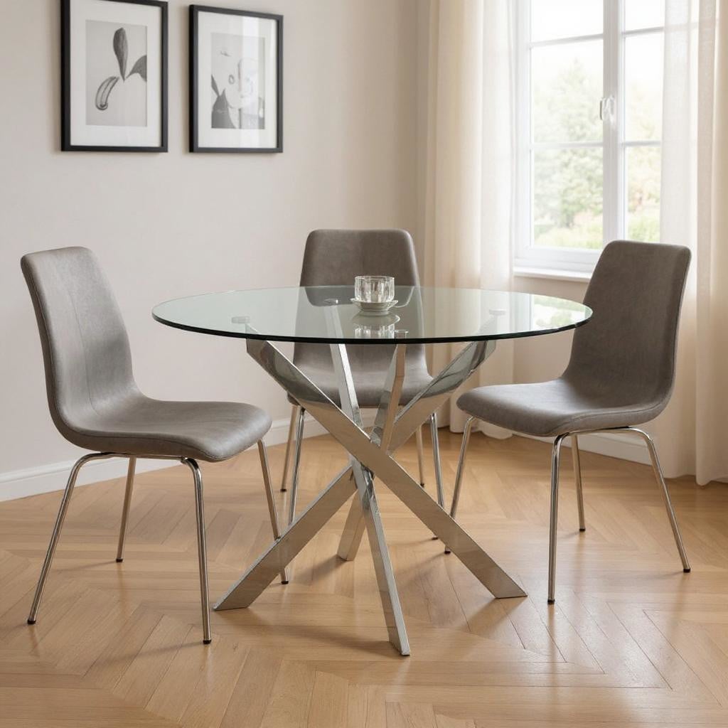 555159 30 x 48 x 48 in. Clear & Silver Glass & Metal Cross Leg Base Round Top Dining Table