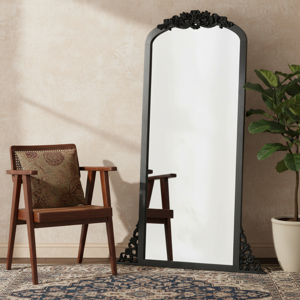 565097 67 in. Black Solid Wood Framed Full Length Mirror
