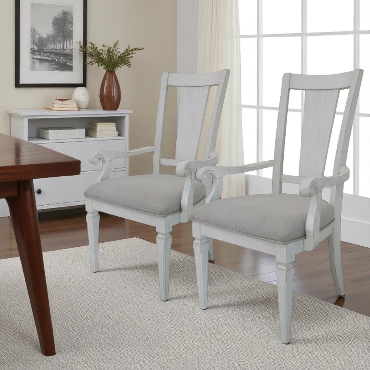 573365 42 x 22.25 x 23.63 in. Light Gray & White Upholstered Linen & Solid Wood Open Back Dining Arm Chair - Set of 2