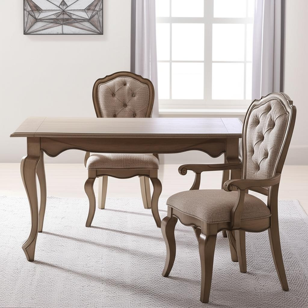 573399 43 x 25 x 26 in. Tufted Beige & Taupe Upholstered Fabric & Solid Wood Dining Arm Chair - Set of 2