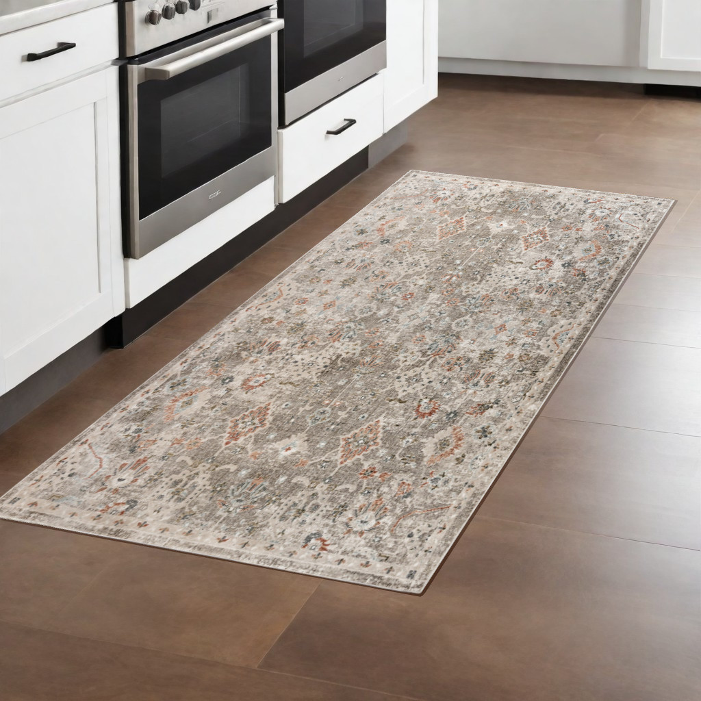 570855 8 ft. Gray, Ivory & Brown Medallion Machine Made Runner Area Rug