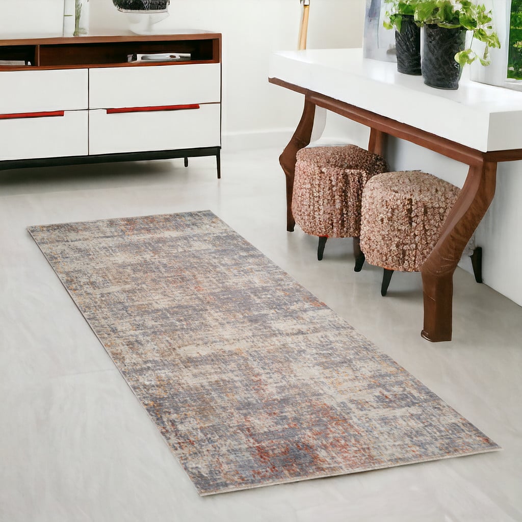 570971 3 x 6 ft. Gray, Ivory & Brick Red Floral Medallion Machine Made Runner Area Rug with Fringe