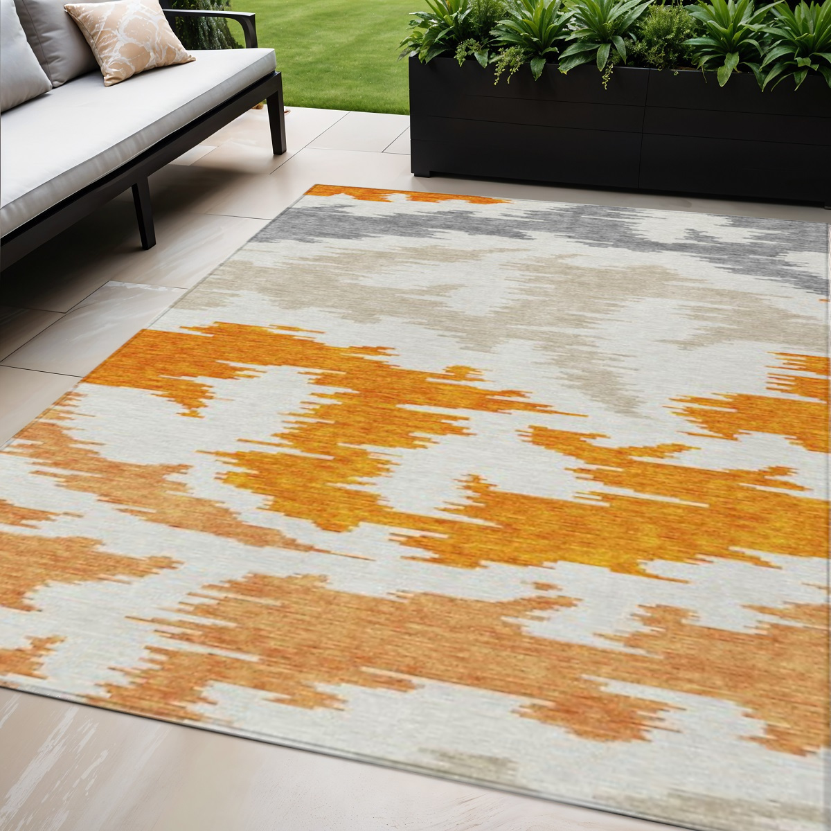 584579 5 x 8 ft. Orange, Beige & Ivory Abstract Washable Transitional Indoor & Outdoor Rectangle Area Rug