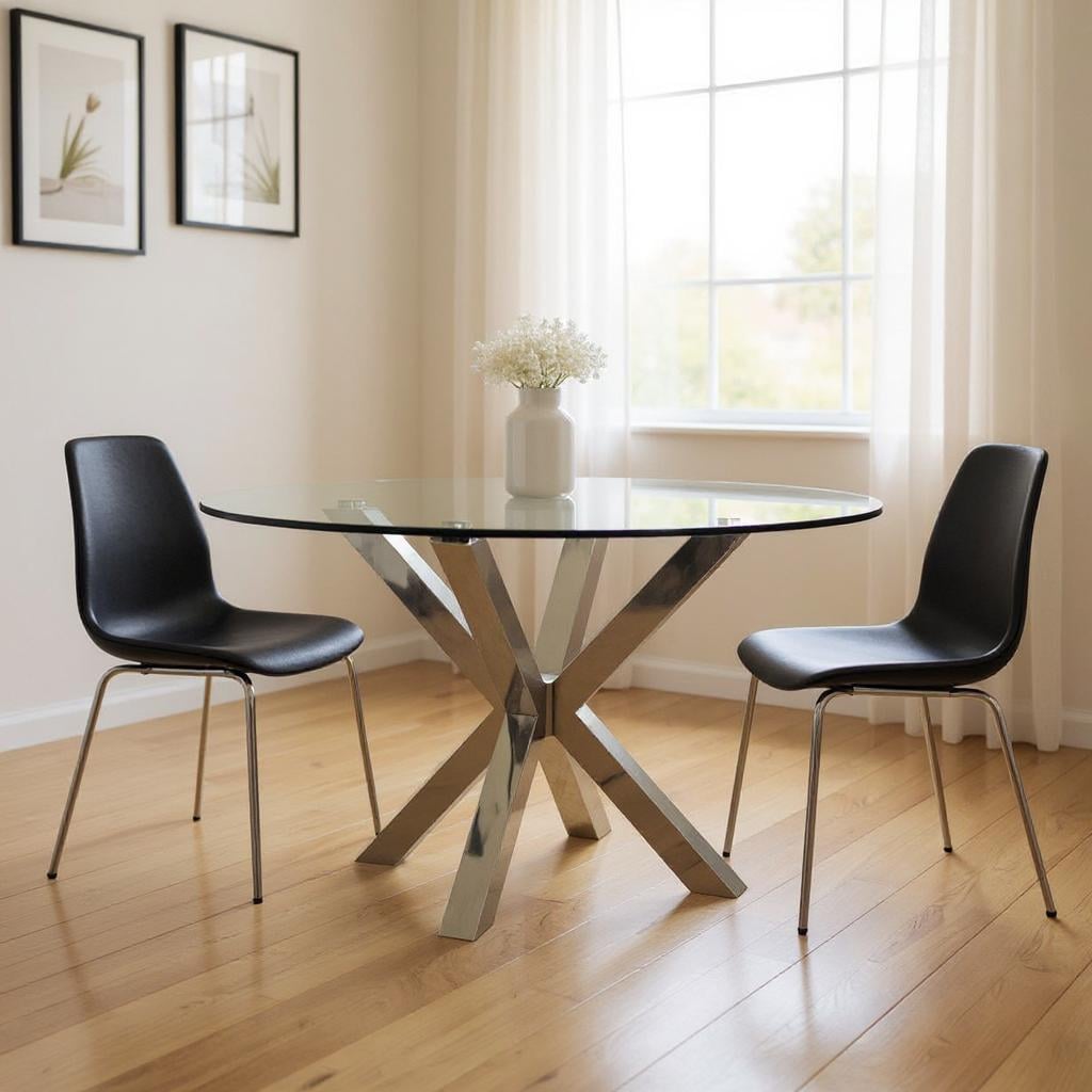 555135 30 x 54 x 54 in. Clear & Silver Glass & Metal Cross Leg Base Round Top Dining Table
