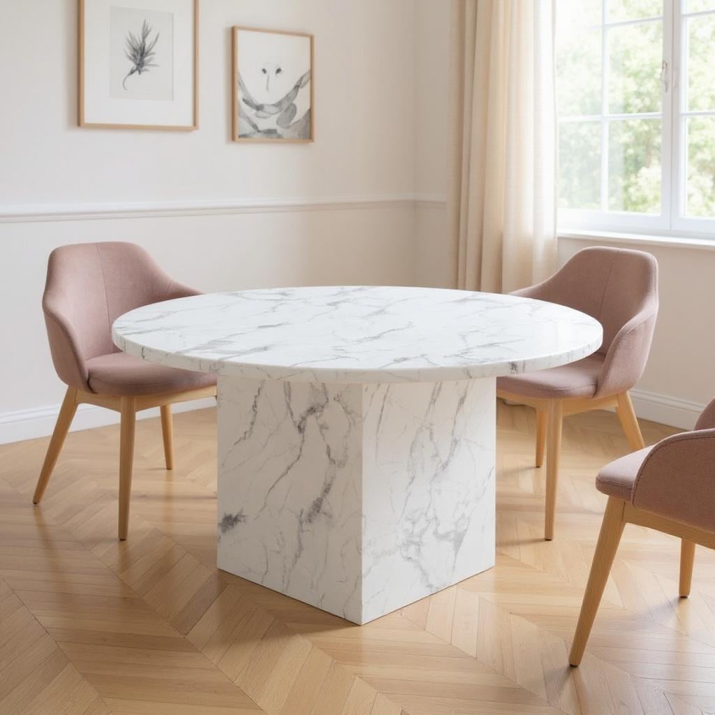 555183 30 x 60 x 60 in. Gray & White Marble Pedestal Base Round Top Dining Table