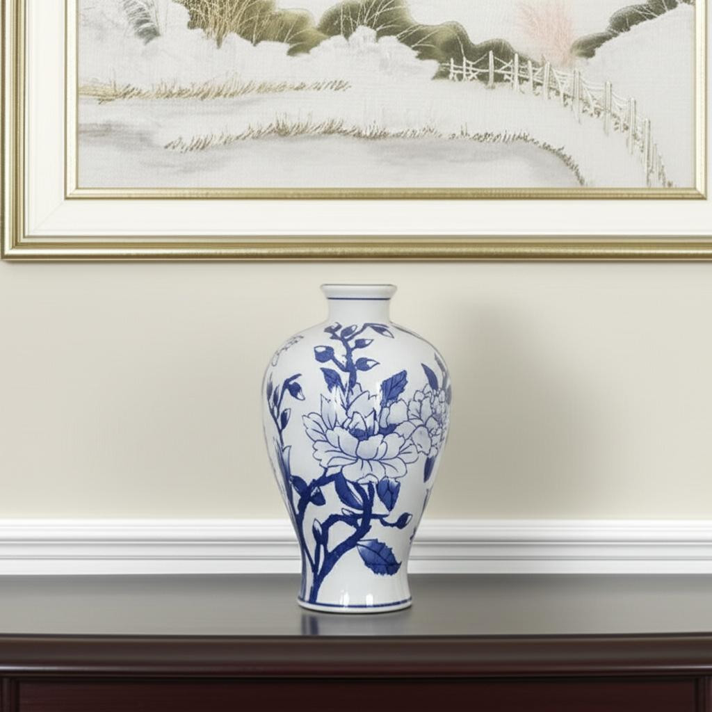 565442 10 in. Blue & White Floral Round Porcelain Table Vase