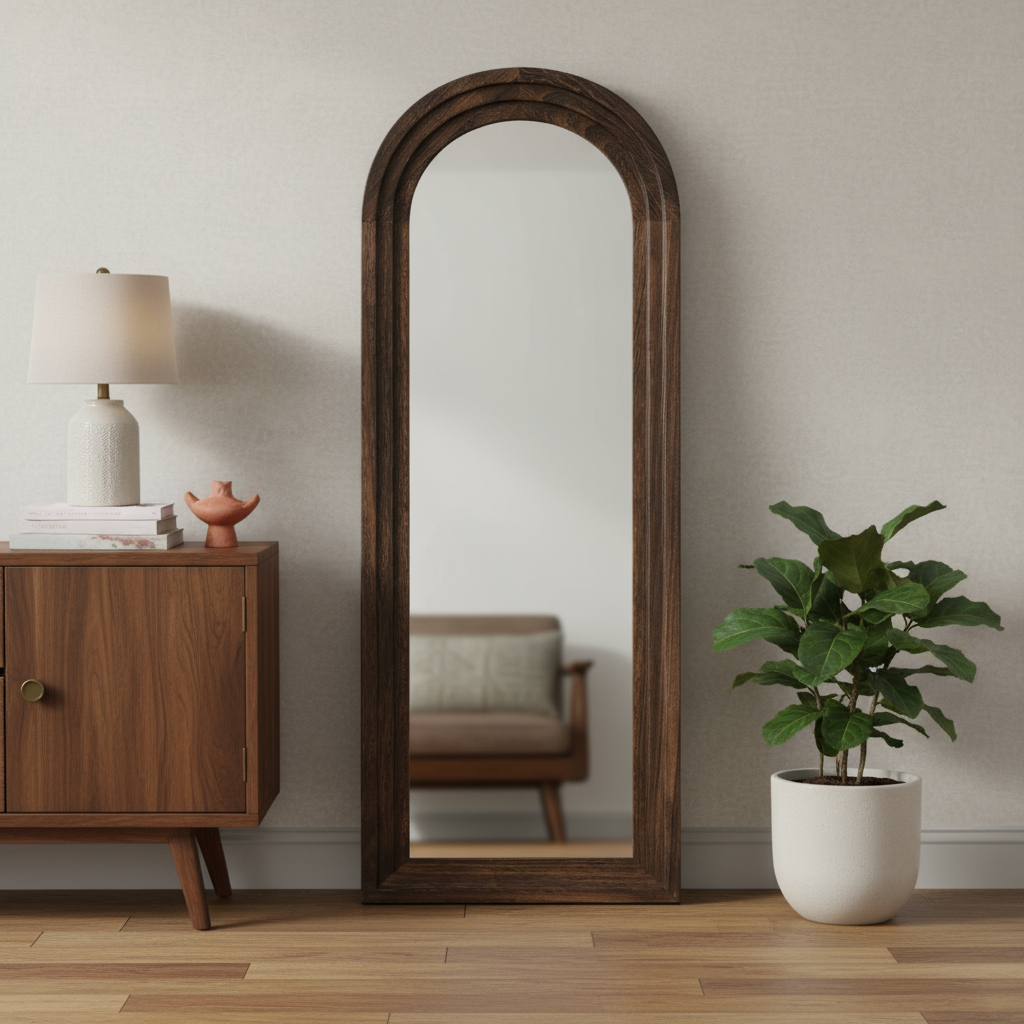 565054 71 in. Solid Wood Arch Freestanding Framed Full Length Mirror - Brown