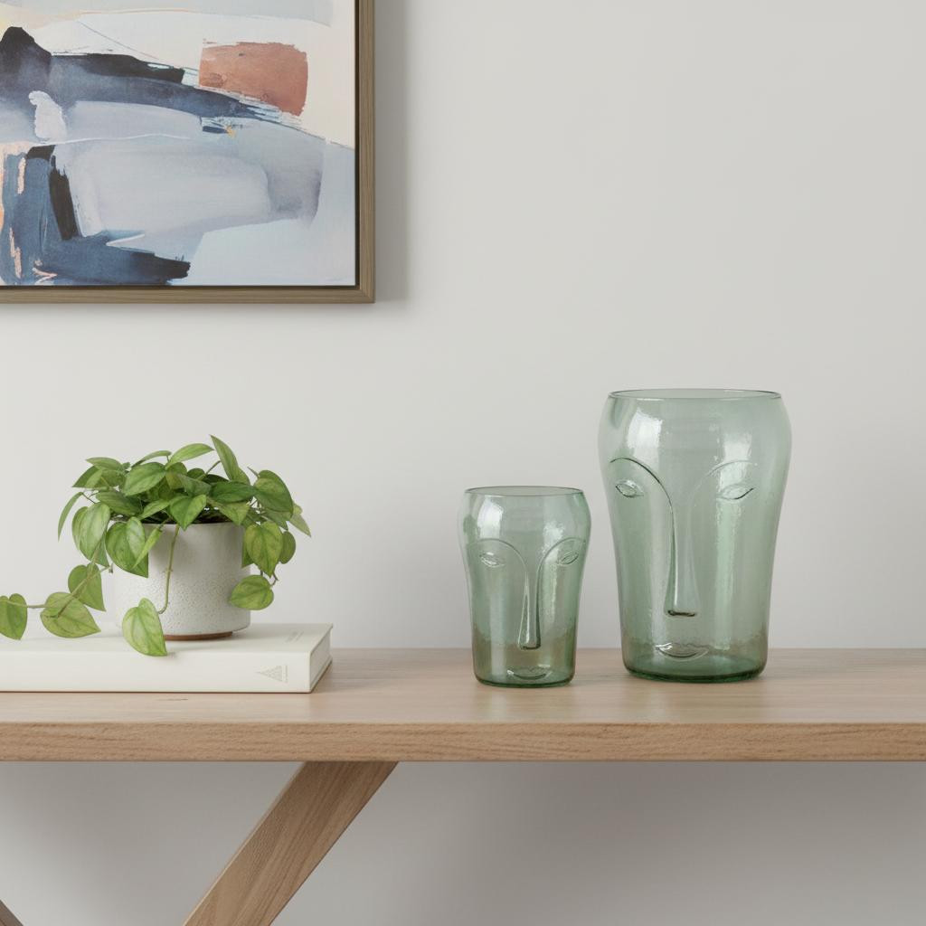 568860 Light Green Glass Modern Abstract Faces Table Vase - Set of 2