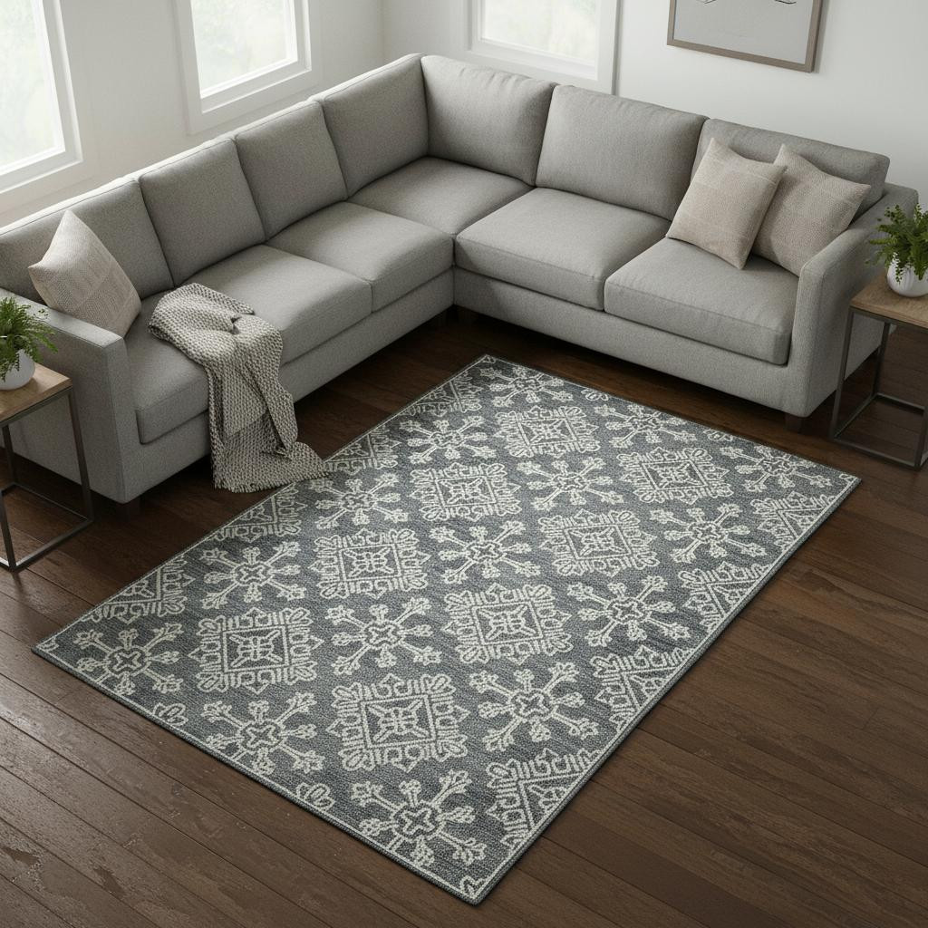 570350 8 x 11 ft. Dark Gray & Ivory Wool Geometric Hand Hooked Rectangle Area Rug