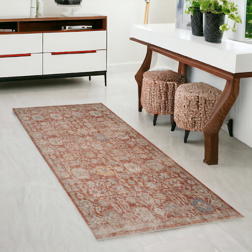 570965 3 x 6 ft. Brick Red & Gray Floral Medallion Machine Made Runner Area Rug with Fringe
