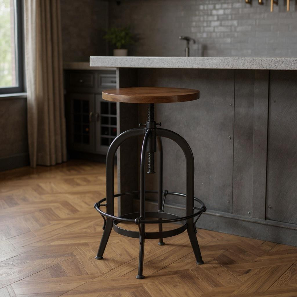 554617 24 x 15 x 15 in. Brown & Black Solid Wood & Metal Backless Adjustable Height Swivel Bar Chair