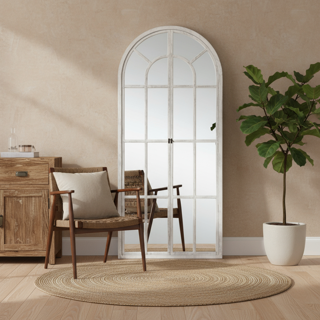 565140 71 in. White Solid Wood Arch Framed Full Length Mirror