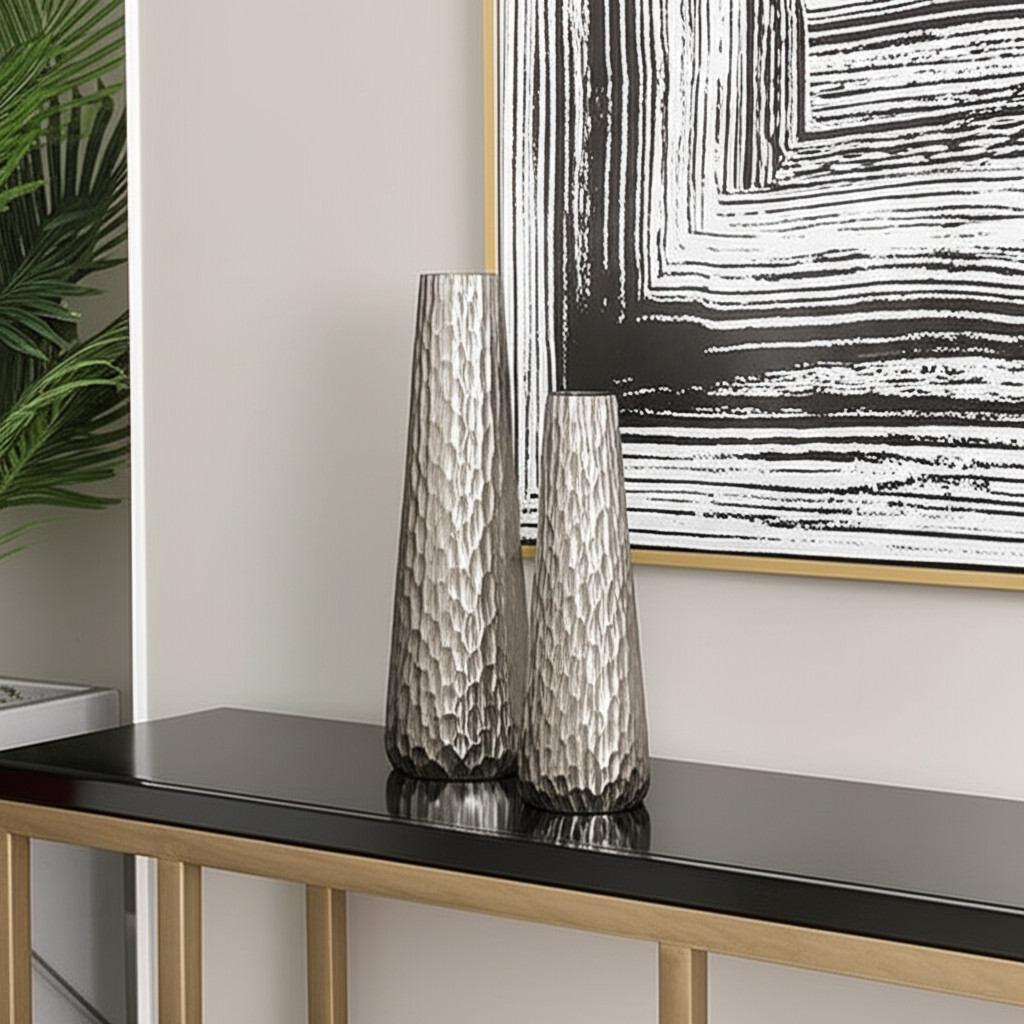 568842 Silver Cast Aluminum Textured Table Vase - Set of 2