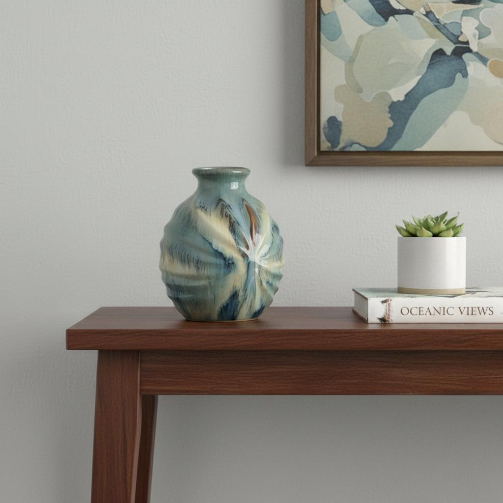 566532 11 in. Blue Beige & Brown Abstract Round Ceramic Table Vase