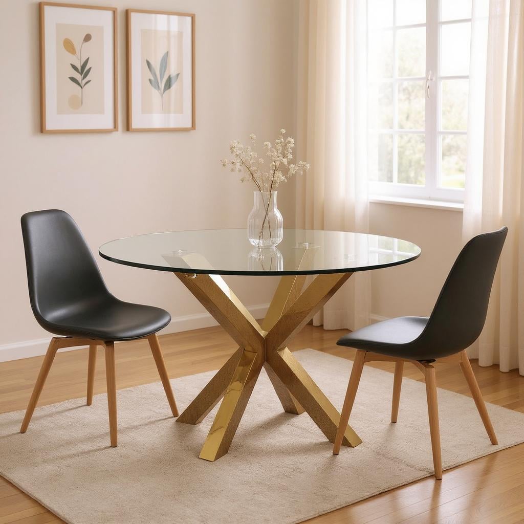 555132 30 x 54 x 54 in. Clear & Gold Glass & Metal Cross Leg Base Round Top Dining Table