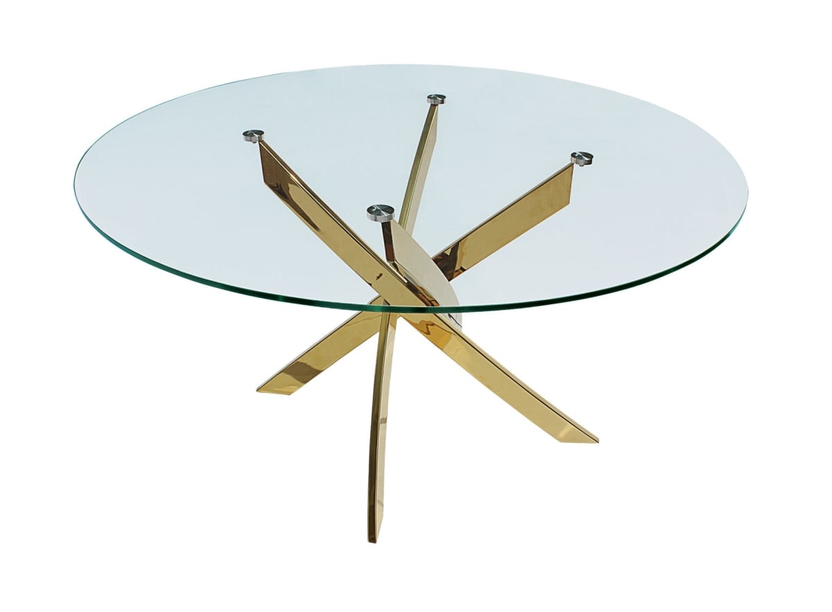 555139 30 x 54 x 54 in. Clear & Gold Glass & Metal Cross Leg Base Round Top Dining Table