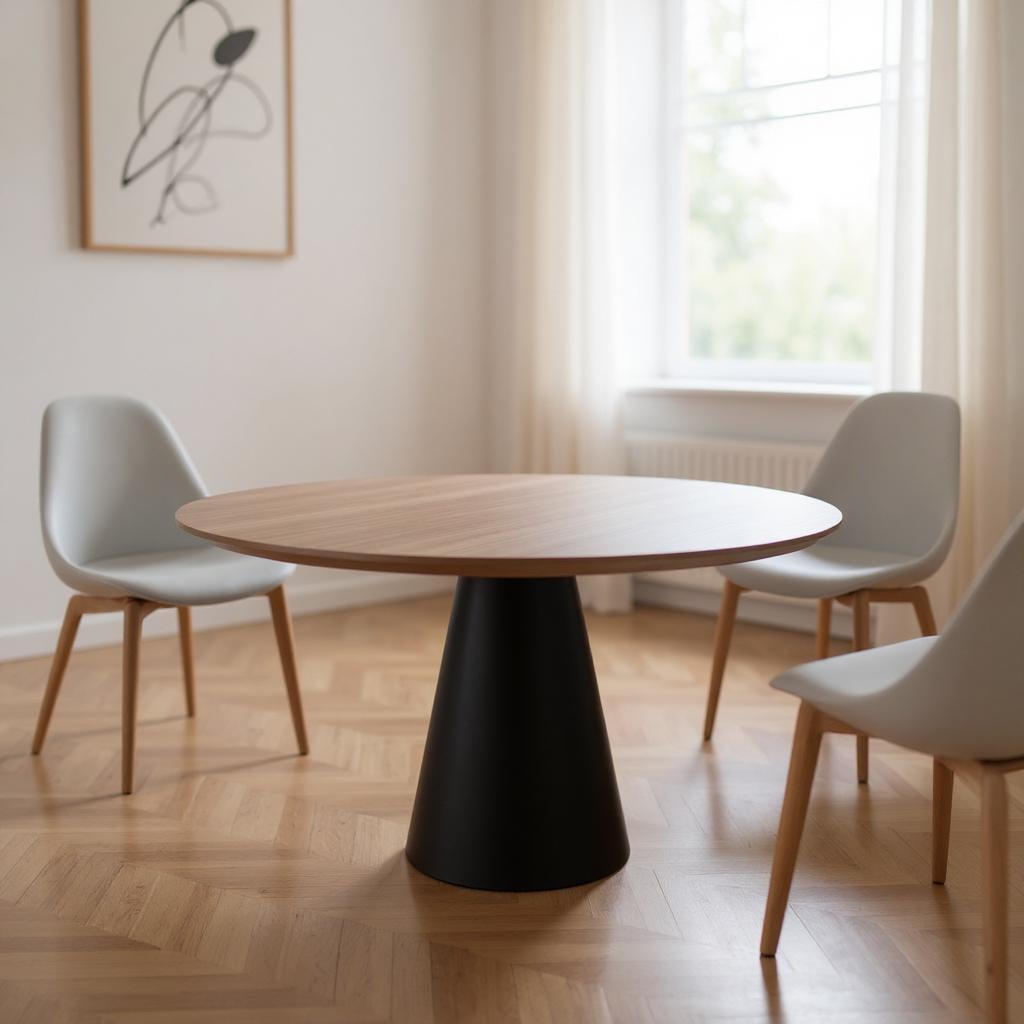 555178 30 x 48 x 48 in. Brown & Black Wood & Metal Pedestal Base Round Top Dining Table