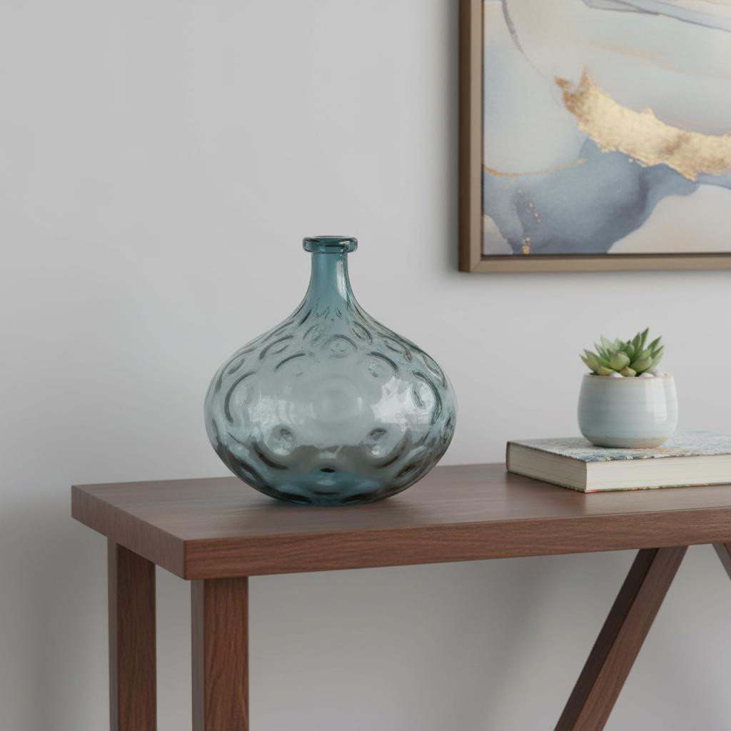 565470 13 in. Light Blue Hammered Glass Table Vase