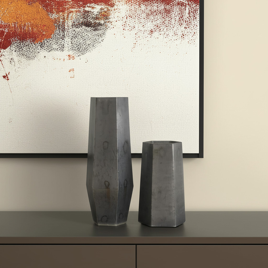 568862 Black Hexagonal Glass Table Vase - Set of 2