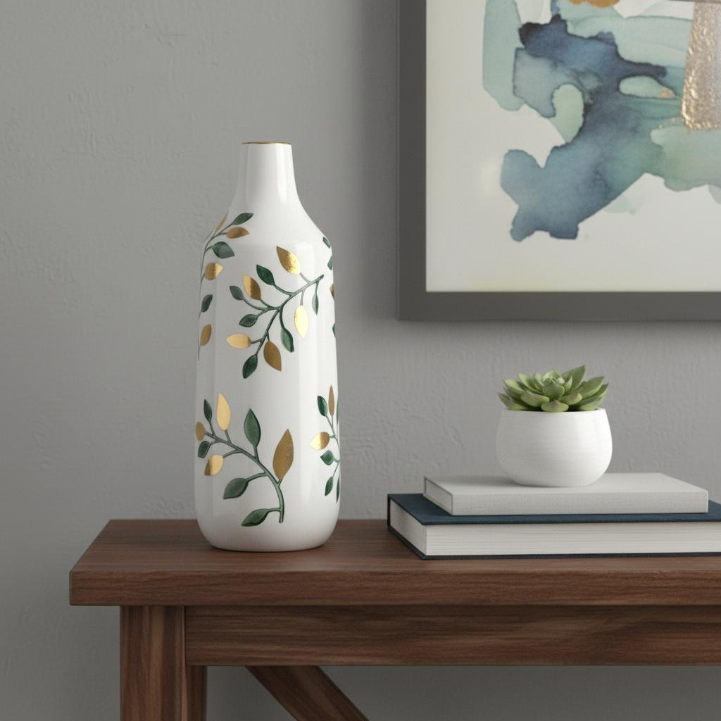 574222 12 in. White Green & Gold Floral Leaf Bud Ceramic Table Vase