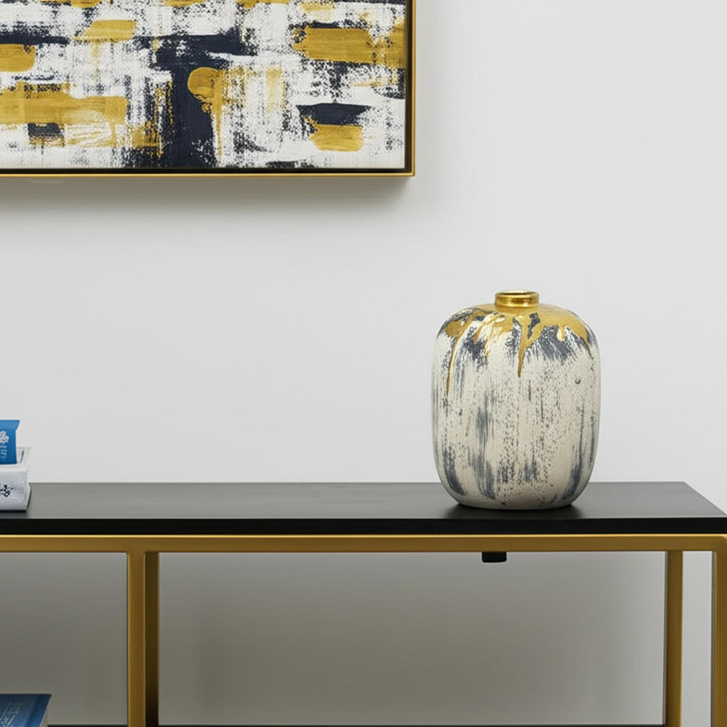 574216 8 in. Gray Ivory & Gold Modern Abstract Ceramic Table Vase
