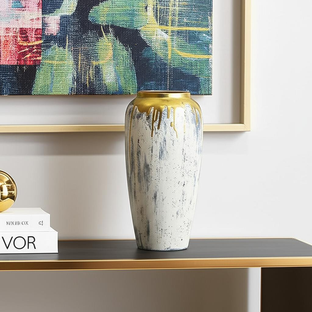 574215 14 in. Gray Ivory & Gold Modern Abstract Ceramic Table Vase