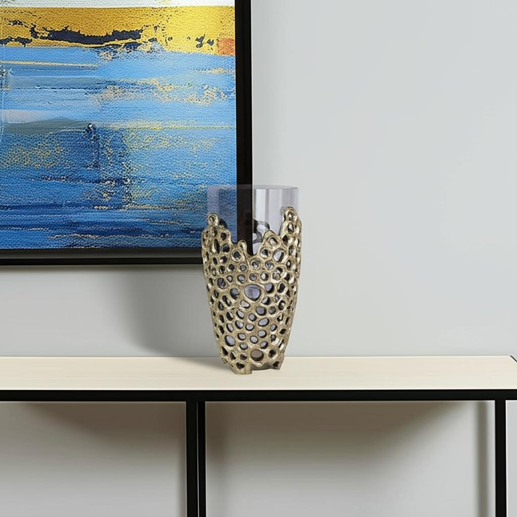 574252 15 in. Gray & Gold Round Glass Table Vase