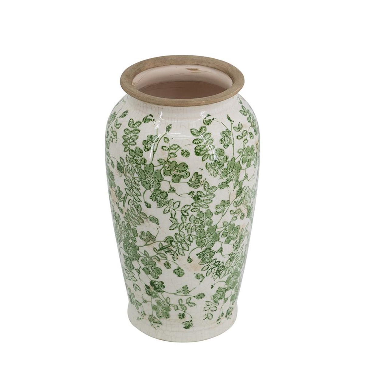574225 12 in. Green & White Leaf Round Ceramic Table Vase
