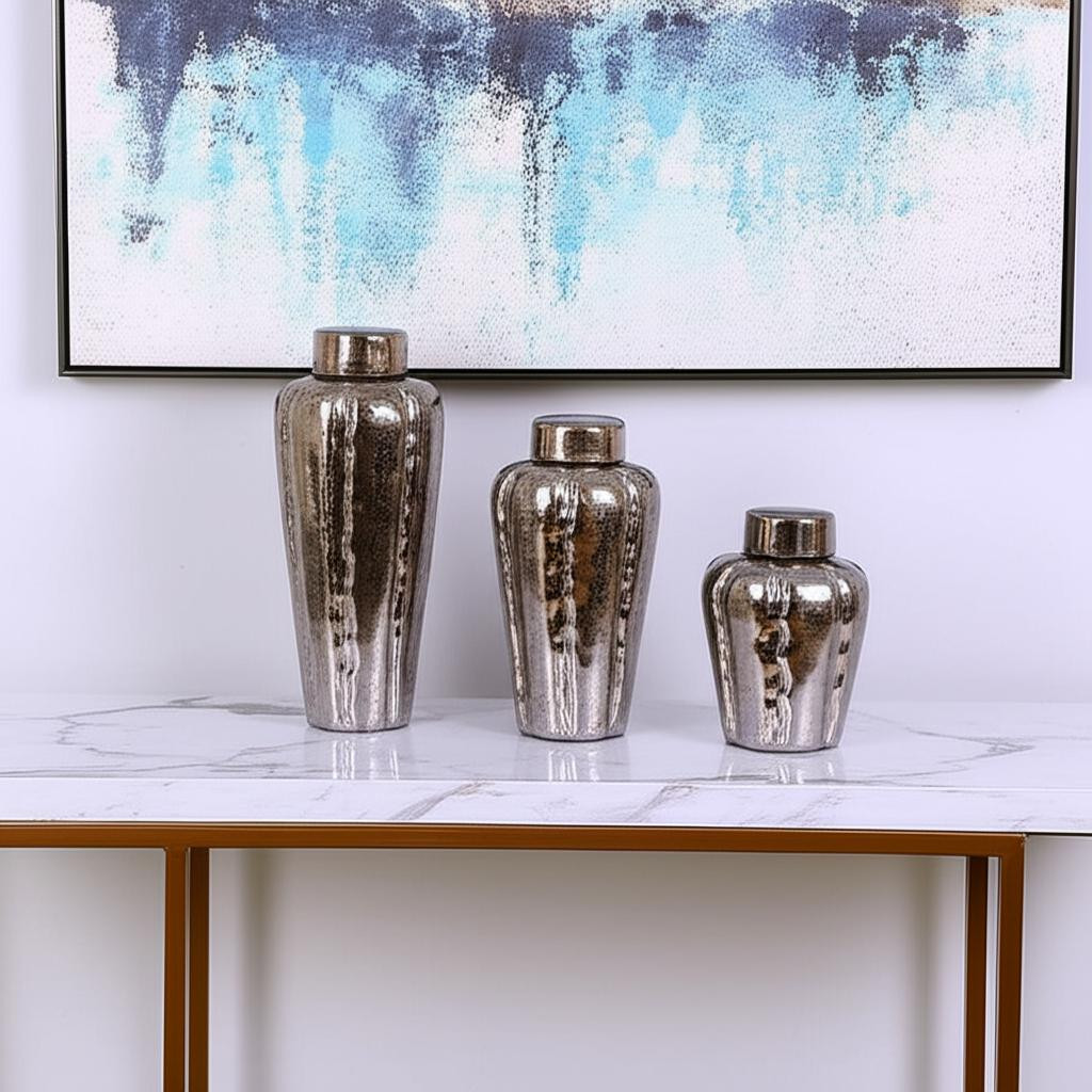 574261 Bronze & Silver Round Ceramic Table Vase - Set of 3