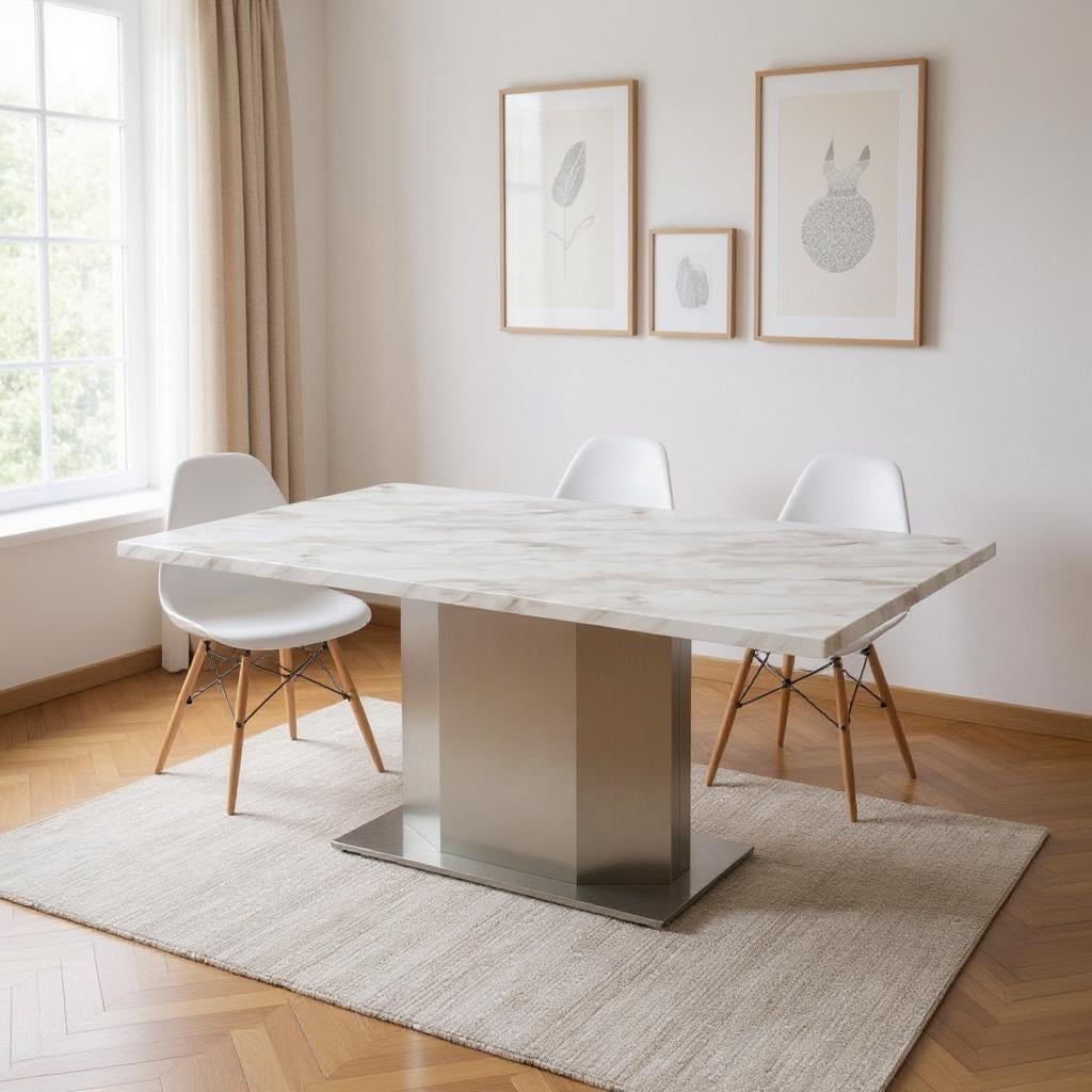 555154 79 in. Marble & Stainless Steel Pedestal Base Dining Table - Gray, White & Silver