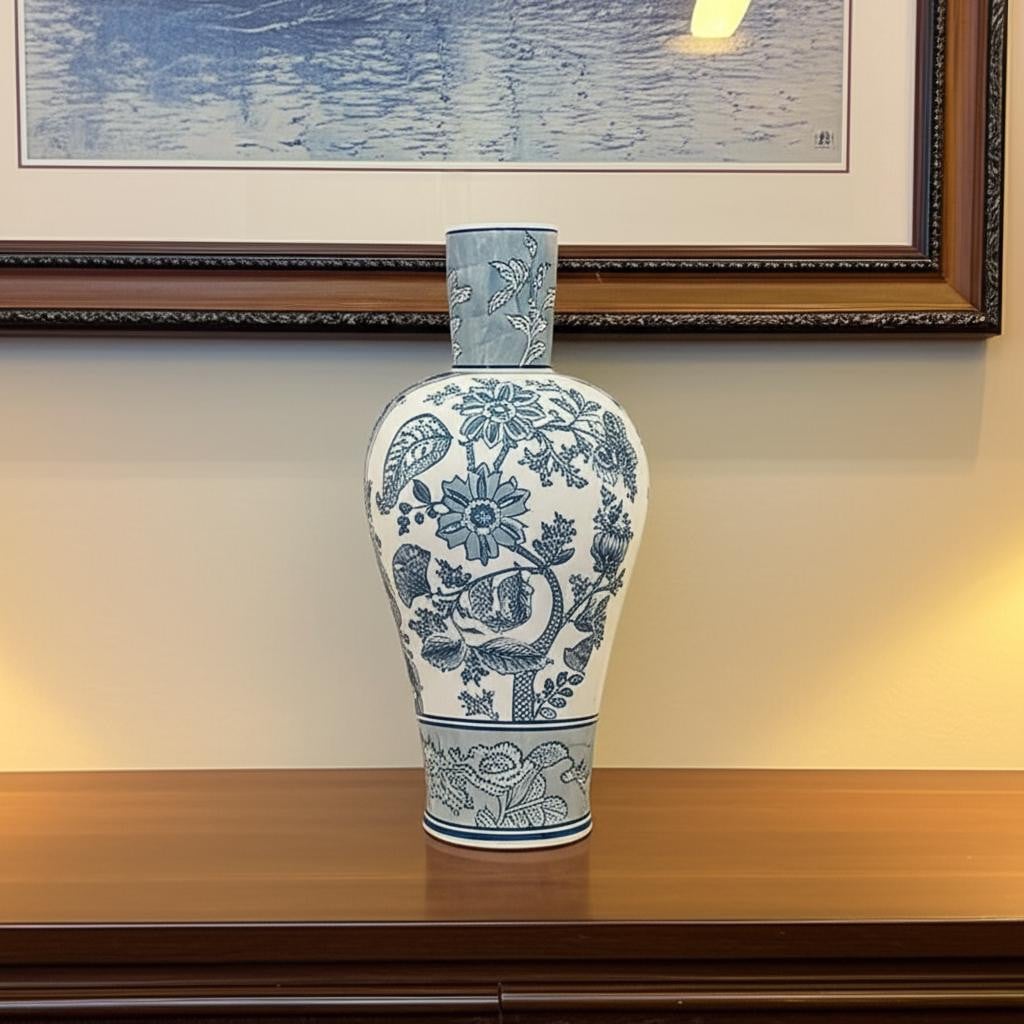 565445 17 in. Light Blue & White Floral Round Porcelain Table Vase