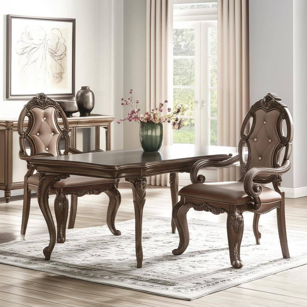 573383 43 x 23 x 26 in. Tufted Oak Upholstered Faux Leather & Solid Wood Dining Arm Chair - Set of 2