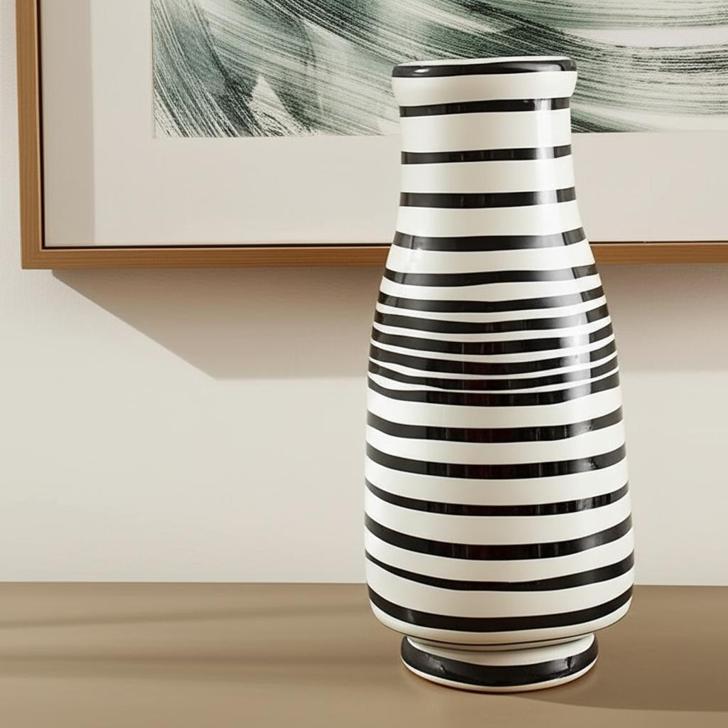 566538 18 in. Black & White Hand Painted Stripe Ceramic Table Vase