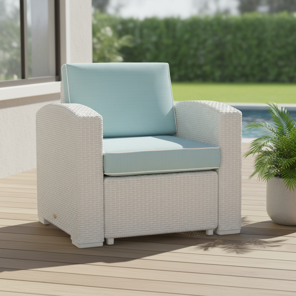 565252 29.50 x 32.70 x 28 in. White Heavy Duty Plastic Outdoor Club Chair with Aqua Blue Cushion