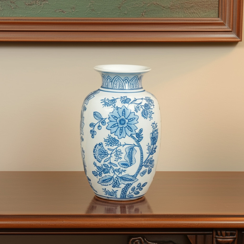 565447 9 in. Light Blue & White Floral Round Porcelain Jar
