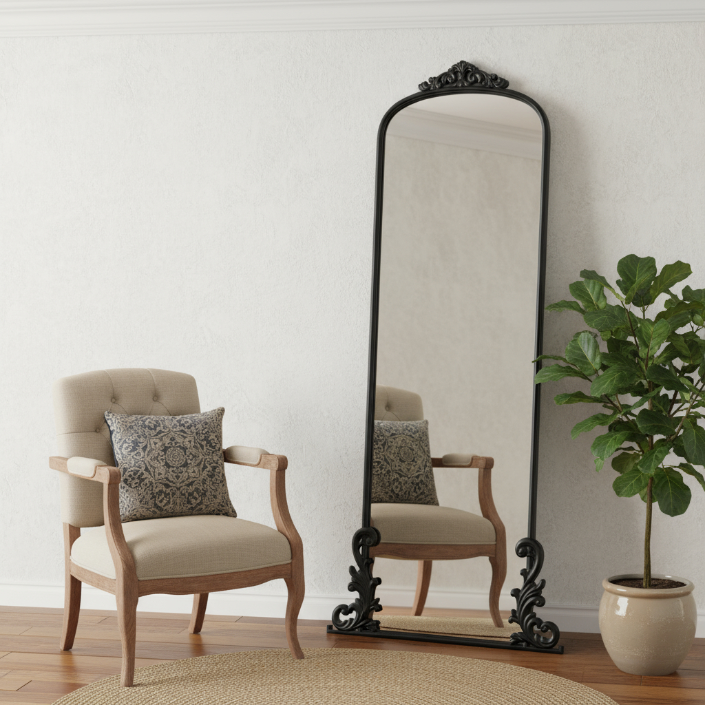 565104 68 in. Black Metal Arch Framed Full Length Mirror