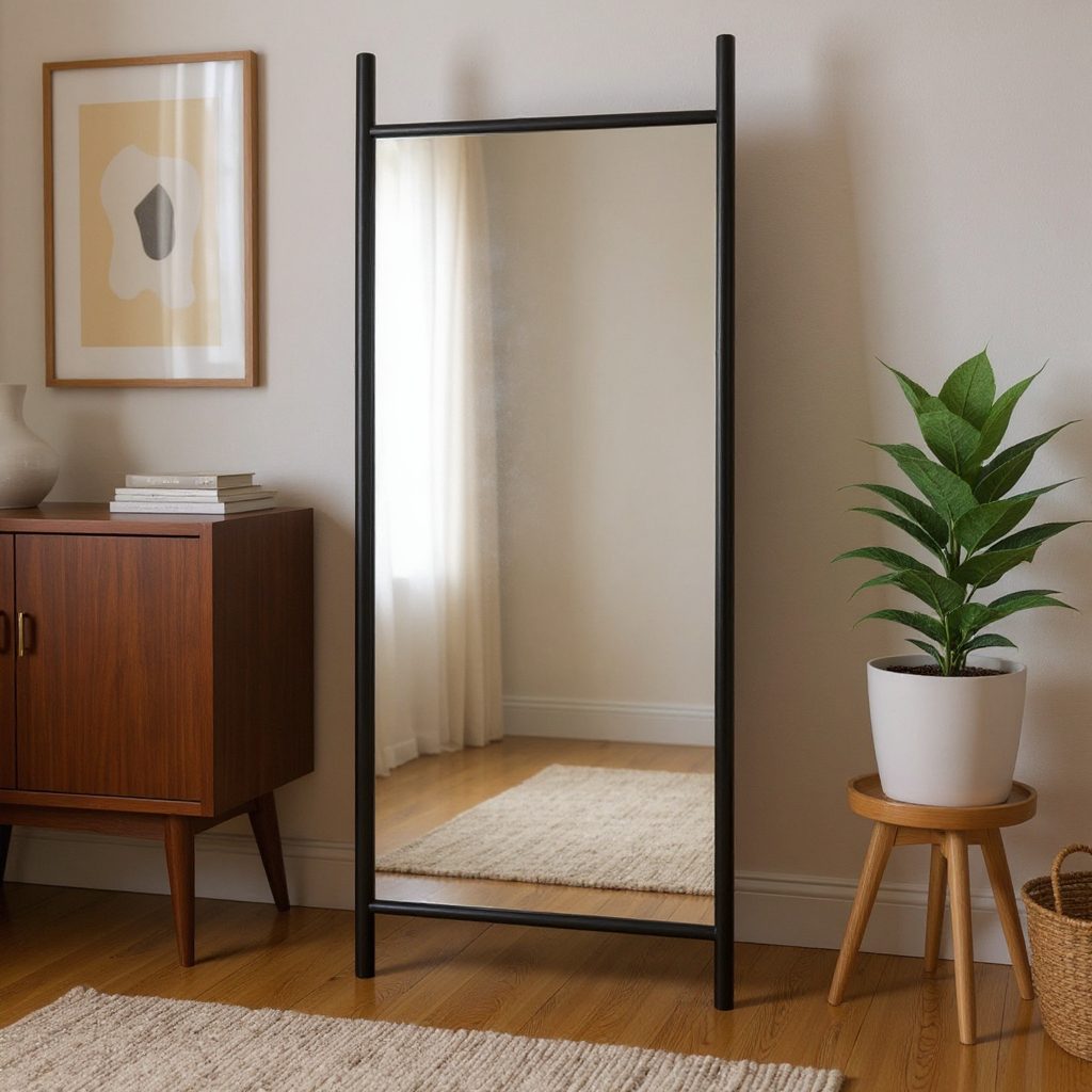 565059 71 in. Black Solid Wood Ladder Leaning Framed Full Length Mirror
