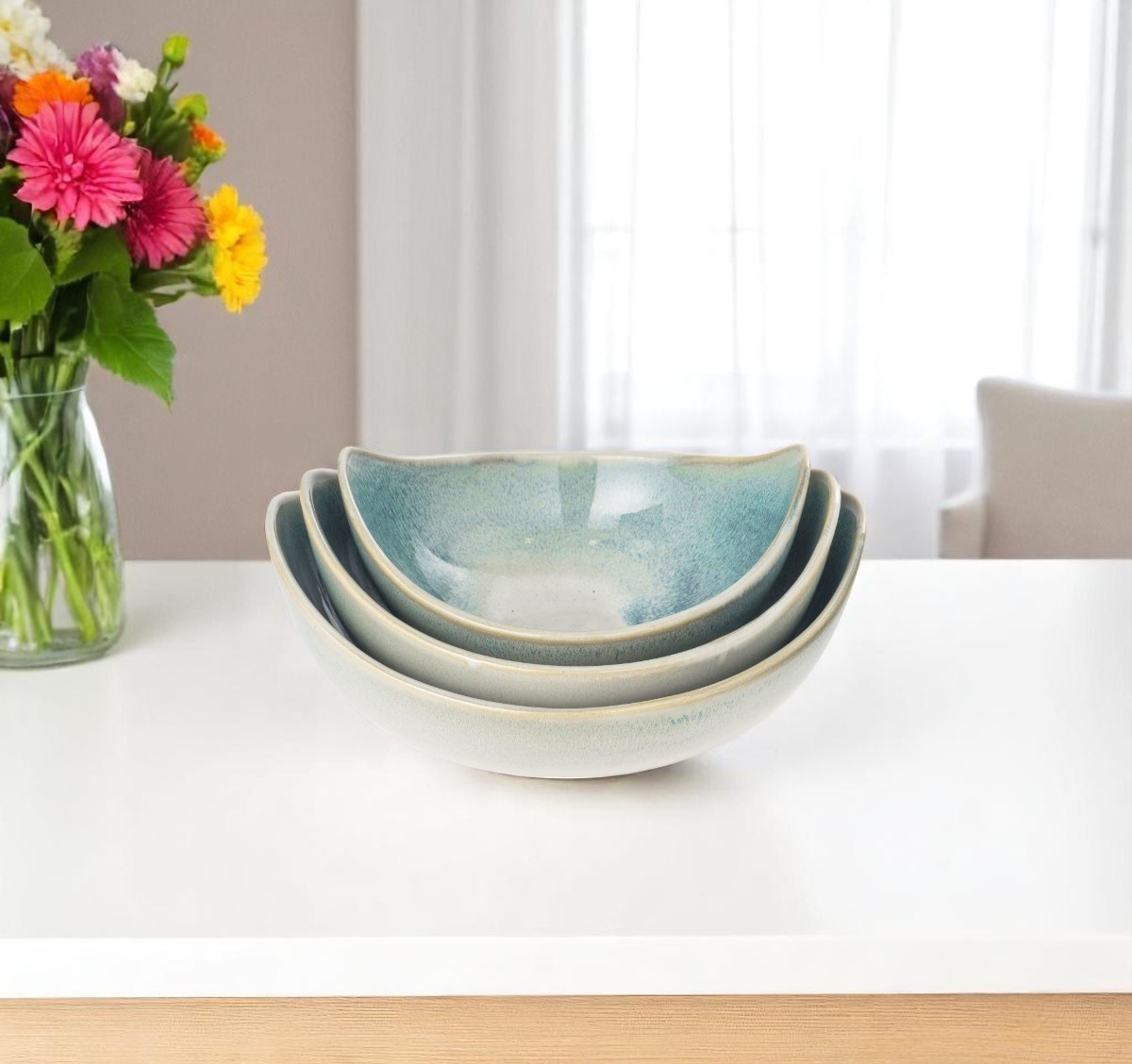 574071 Blue & White Ceramic Decorative Bowl - Set of 3