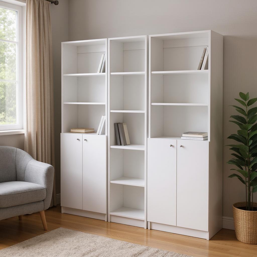 546621 71.10 x 17.72 x 11.77 in. White Wood 11-Tier Modular Bookcase with 4 Doors - Set of 3