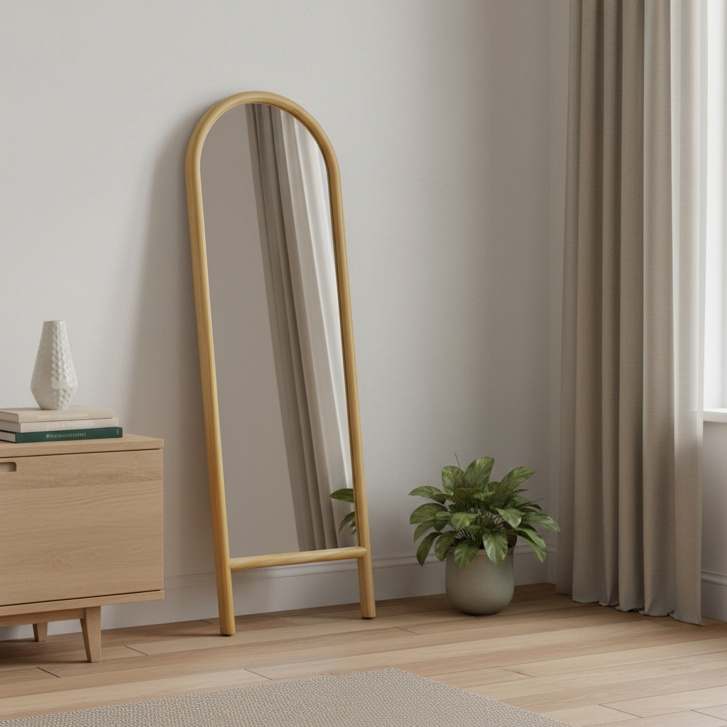 565060 64 in. Natural Solid Wood Arch Freestanding Framed Full Length Mirror